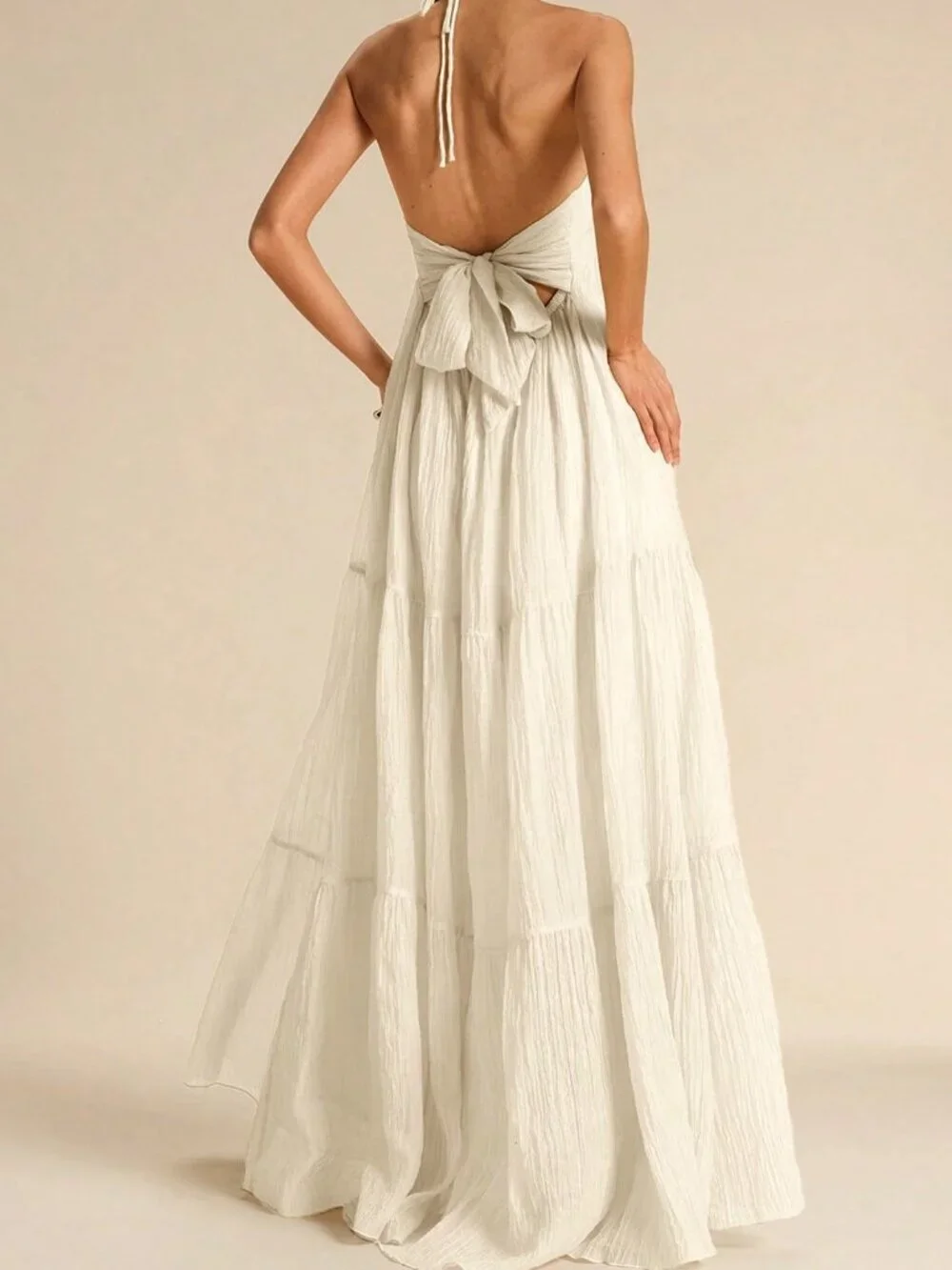 Apricot Boho Spaghetti Strap Women's Backless Tie Bow Pleated Dress